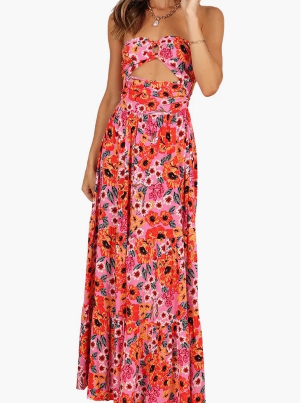 Petal & Pup Pink and Red Floral Strapless Cutout Maxi Dress